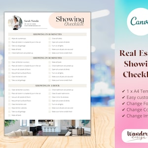 May include: A printable checklist for real estate showings. The checklist is divided into three sections: showing in 10 minutes, showing in 30 minutes, and showing in 1 hour. Each section includes a list of tasks to complete before a showing, such as cleaning counters, taking out the garbage, and making sure the home smells fresh. The checklist also includes a section for making sure all pets are secured. The checklist is designed to help real estate agents prepare their listings for showings.