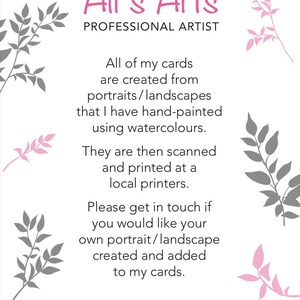 May include: A business card with a pink and gray floral design. The text reads "Ali's Arts Professional Artist". The card includes information about the artist's services and contact information, including a website address, Facebook page, and Instagram account.