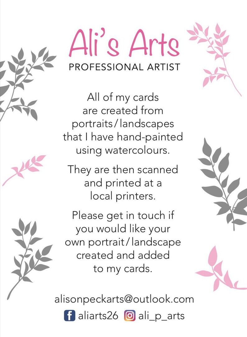 May include: A business card with a pink and gray floral design. The text reads "Ali's Arts Professional Artist". The card includes information about the artist's services and contact information, including a website address, Facebook page, and Instagram account.