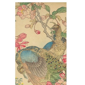 May include: Two peacocks perched on a branch with pink blossoms. The peacock on the left has blue and green feathers, while the peacock on the right has brown and green feathers. The background is a light beige.
