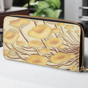 Monedero con cremallera de hongo, cremallera alrededor de la cartera de cuero sintético vegano, cartera larga Cottagecore, accesorios botánicos salvajes, caja del teléfono Nature Boho
