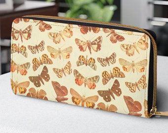 Moths Zipper Wallet, Zip Around Cute Vegan Leather Long Moth Wallet, Boho Cottagecore Nature