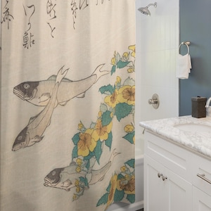 Fish and Flowers Shower Curtain, Japanese Vintage Woodblock Ukiyo-E Asian Bathroom Decor Artistic Bath Retro Floral Artsy Unique Eclectic