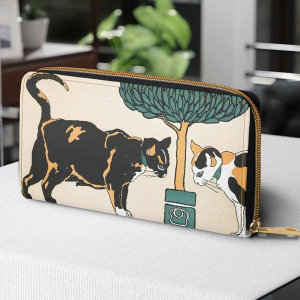 Black and Calico Cat Zipper Wallet, Zip Around Vegan Leather Wallet, Long Wallet, Cute Wallet for Women, Cat Accessories, Vintage Retro Cat