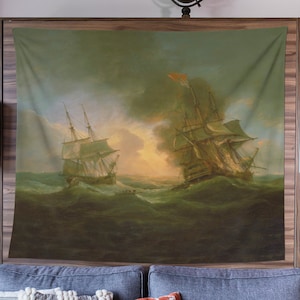 Tapiz de batalla de barco alto pirata, tapiz de pared de madera vintage con diseño de barco de vela, pintura de barco fantasma, decoración vikinga masculina náutica oscura gótica