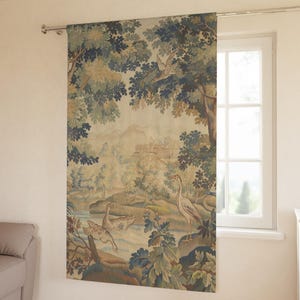 May include: A tapestry curtain featuring a pastoral scene with trees, water, and birds in shades of blue, green, and beige. The curtain hangs in front of a window, adding a touch of nature-inspired decor to the room.