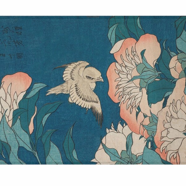 Tapis japonais oiseaux et fleurs en 2 tailles, effet décoratif ukiyo-e bleu vintage art asiatique intérieur extérieur rétro, cuisine, tapis de bain d'entrée