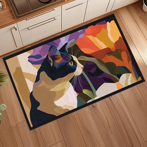 Cat Flowers Door Mat, Cat Welcome Mat, Colorful Outdoor Indoor Door Mat, Cat Decor, Floral Cat Entry Way Kitchen Bathroom Entrance Floor Rug