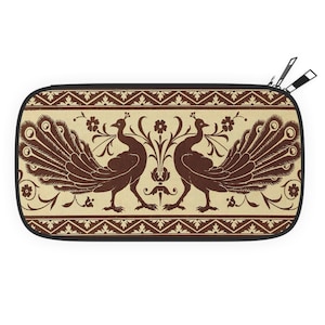 Cartera con cremallera para pasaporte con diseño de pavo real, regalo de viaje con grabados en madera vintage de pavo real, billetera de viaje de lona, soporte para pasaporte, accesorios de pavo real, viajero