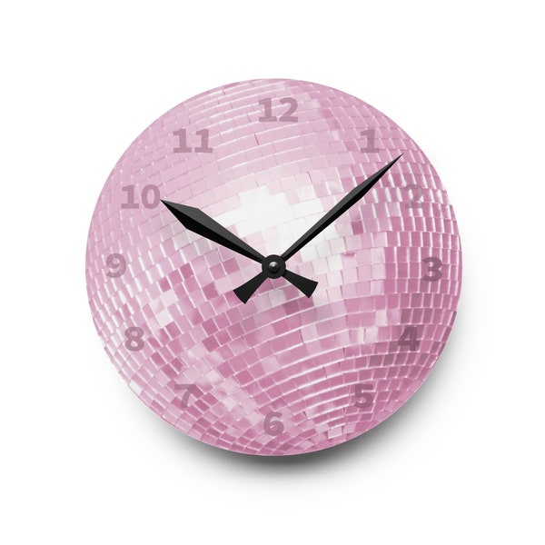 Pink Disco Wall Clock, Silent Acrylic Round Decorative Disco Ball Clock, Unique Groovy Funky Cool Fun Novelty Meme Dance Party Decor Gift