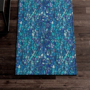 Beach Sea Glass Mosaic Area Rug, 3 sizes, Abalone Gems Mosaic Blue Purple Jewel Tones Accent Carpet, Gaudi Barcelona Kitchen, Door, Bath Mat