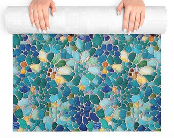 Beach Glass Yoga Mat, Sea Glass Mosaic Art Print Pilates Mat, Inspired by Gaudi and Barcelona, Colorful Exercise Floor Mat, Yoga Supplies