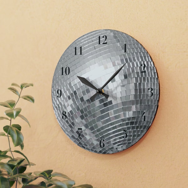 Disco Ball Wall Clock, Silent Silver Acrylic Round Decorative Clock, Unique Groovy Funky Cool Fun Novelty Meme Dance Party Decor