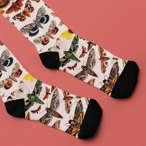 Butterfly Crew Socks, Unisex Boho Cottagecore Vintage Retro Butterfly Aesthetic Insect Bug Science Academia Unique Cute Fun Novelty Socks