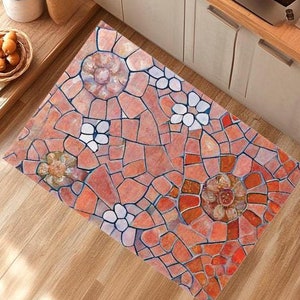 Terra Cotta Flower Mosaic Door Mat, Area Rug, Colorful Welcome Mat, Barcelona Gaudi Indoor Outdoor Doormat, Entrance Patio Entry Porch Decor