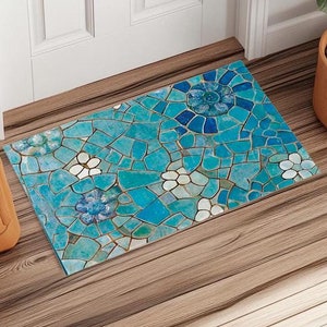 Blue Flowers Gaudi Door Mat, Area Accent Rug, Indoor Outdoor Mosaic Doormat, Colorful Welcome Mat, Antoni Gaudi, Entrance Patio Porch Decor
