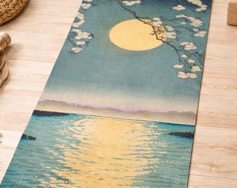 Full Moon Yoga Mat with Vintage Japanese Art | Ukiyo-e Ocean Cherry Blossom |  Pilates Exercise Workout Gym Self Care Yogi Supplies