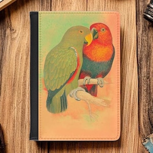 Funda para pasaporte con diseño de loros, billetera retro de piel sintética vegana con diseño de pájaros, bonito y colorido tarjetero con diseño de arte vintage bohemio, regalo de viaje de despedida y buen viaje