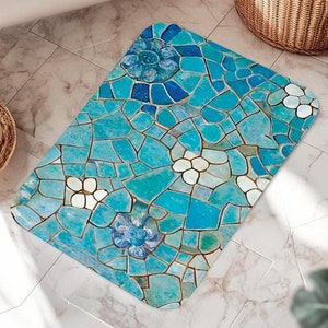 Blue Mosaic Bath Mat, Floral Barcelona Gaudi Inspired Bathroom Mat, Unique Artsy Boho Bath Decor, Mosaic Tile Shower Collage Mat Tub Rug