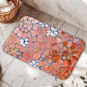 Terra Cotta Mosaic Bath Mat, Gaudi Inspired Barcelona Floral Red Orange Eclectic Boho Flowers Shower Tub Rug Bathmat Unique Bathroom Decor,