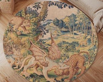 May include: A round tapestry rug with a beige background featuring a detailed illustration of a winged dragon and a leopard fighting in a forest setting. The tapestry is surrounded by a wooden floor.