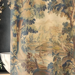 Medieval Tapestry Shower Curtain, Forest Green Verdure Geese Victorian Goth Castle Trees Retro Birds Botanical Boho Tub Bathroom Bath Decor