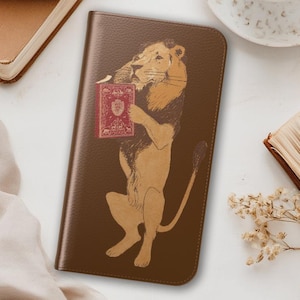 Lion Bookish Handyhülle iPhone Samsung Alle Größen, Vintage Tier Lese Handy Folio Case Kartenhalter, Reader, Bibliothekarin, Studenten Geschenk