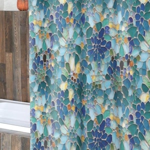 Mosaic Sea Glass Shower Curtain, Gaudi Barcelona Aqua Teal Blue Colorful Flowers Fun Aesthetic Shower Tub Bathroom Curtain Boho Bath Decor