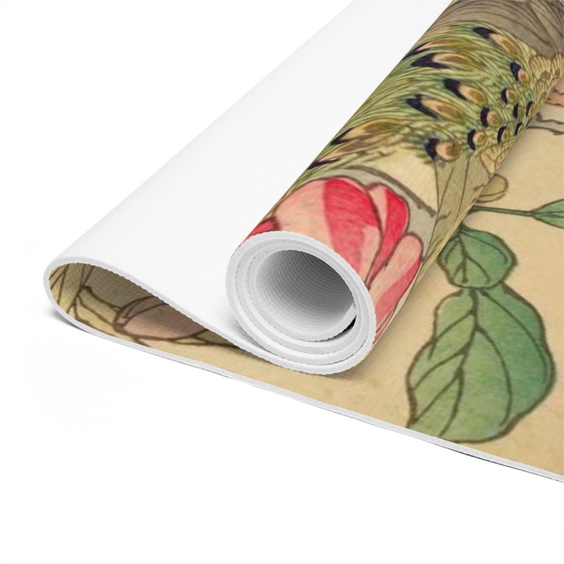 Close up view of Japanese Flowers and Birds Yoga Mat, Vintage Kacho-E Bairei Painting Pilates Mat, Exercise Workout Self Care Floor Mat Yogi Yoga Supplies