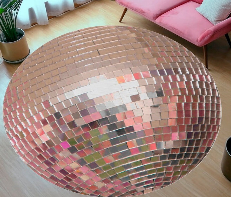 Gold Disco Ball Round Area Rug, Dance Party Large 60 Circle Area Accent