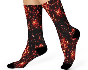 Burning Embers Crew Socks, Unisex Fire Goth Witchy Aesthetic Funky Fiery Unique Cool and Hot Fun Novelty Fire Socks