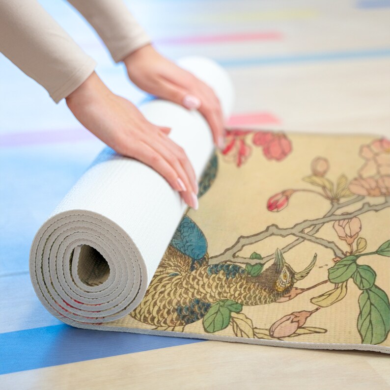 Japanese Flowers and Birds Yoga Mat, Vintage Kacho-E Bairei Painting Pilates Mat, Exercise Workout Self Care Floor Mat Yogi Yoga Supplies