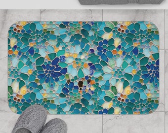 Sea Glass Mosaic Bath Mat, Barcelona Gaudi Inspired Flowers Soft Comfy Bathroom Mat, Unique Boho Eclectic Bath Decor, Shower Mat Rug