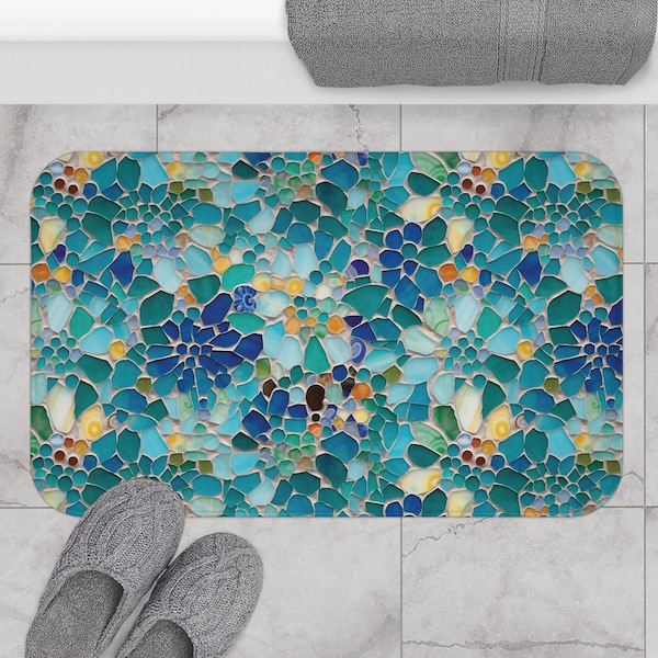 Strand-Glas-Mosaik-Badematte, Barcelona Gaudi inspirierte Blumen weiche bequeme Badezimmer-Matte, einzigartiges Boho-eklektisches Meer-Bad-Dekor, Duschvorleger-Teppich