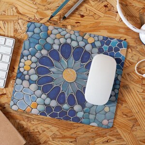 Blue Yellow Flowers Mosaic Mouse Pad, Gaudi Inspired Gaming Mouse Pad, Artsy Unique Abstract Barcelona Cubicle Decor Office Desk Accessories