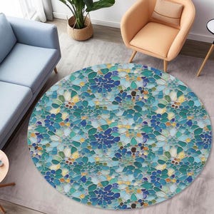 Sea Glass Mosaic Round Area Rug, Large 60&quot; Circle Area Colorful Unique Accent Rug, Beach, Gaudi and Barcelona inspired Circular Carpet Mat