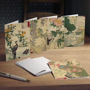 Lot de 5 cartes de voeux japonaises vintage, oiseaux et fleurs, peintures asiatiques rétro Kacho-E Bairei, gravures sur bois, gravures sur bois, intérieur vierge