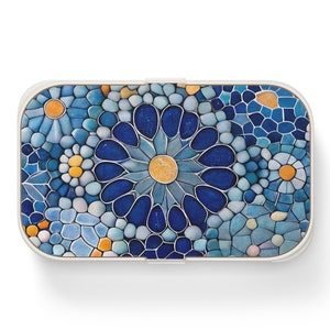 Blue and Yellow Flowers Mosaic Bento Box, Japanese Lunch Box for Adults, Antoni Gaudi Barcelona Artsy Asian Bento Box, Aesthetic Desk Decor
