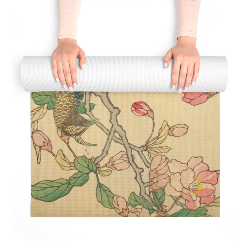 Japanese Flowers and Birds Yoga Mat, Vintage Kacho-E Bairei Painting Pilates Mat, Exercise Workout Self Care Floor Mat Yogi Yoga Supplies