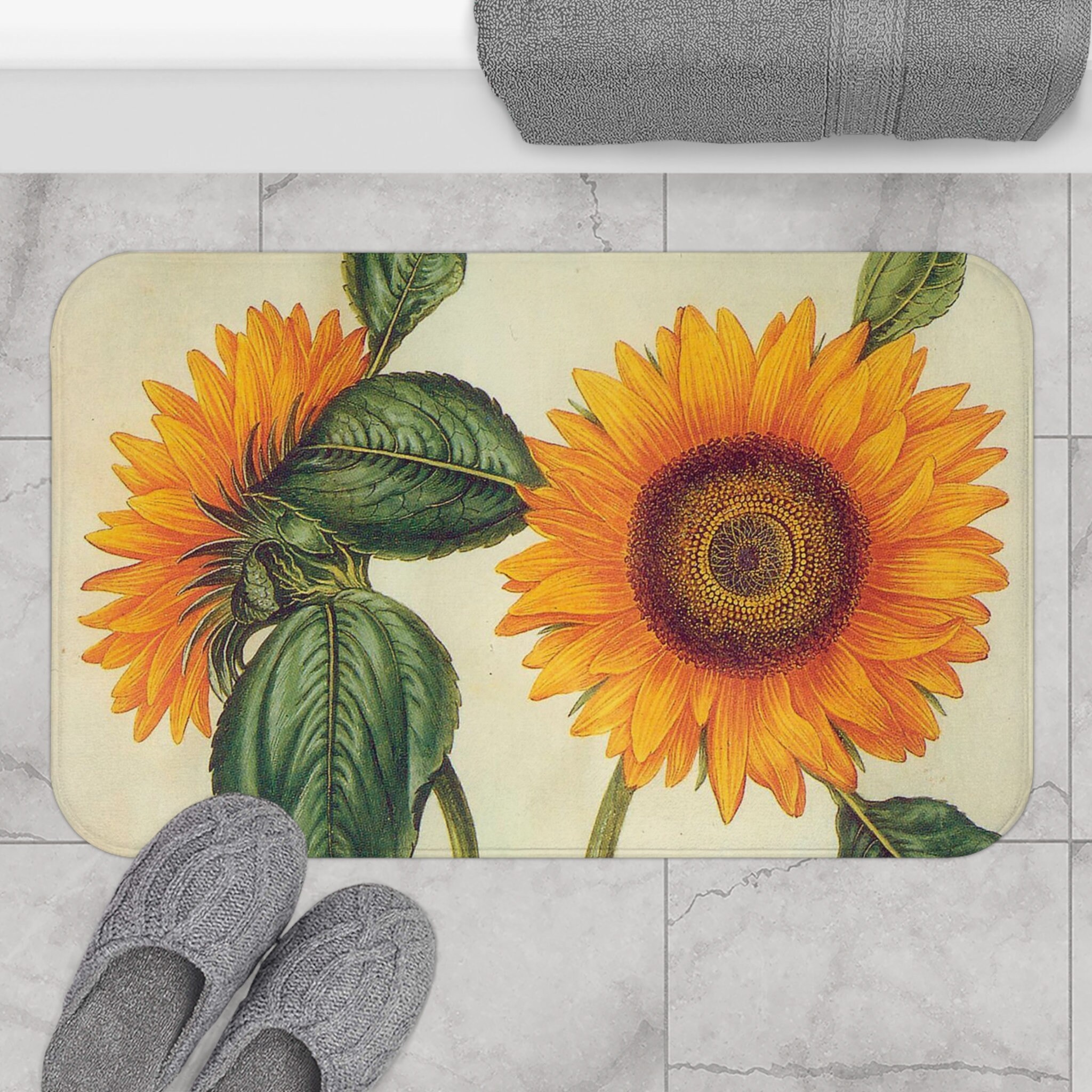 Sunflower Bath Mat, Botanical Floral Bathroom Mat, Vintage Yellow ...