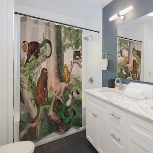 Affe Duschvorhang, Vintage Retro Affen Safari Dusche Wanne Badezimmer Vorhang Wildtiere Dschungel Tiere Bäume Natur Spaß Jungen Bad Dekor
