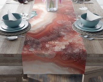 Crystal Geode Agate Table Runner, Coral Teal Rust Red Orange Gold Long Table Runner, Glitter Abstract Dining Room Bar Buffet Party Decor