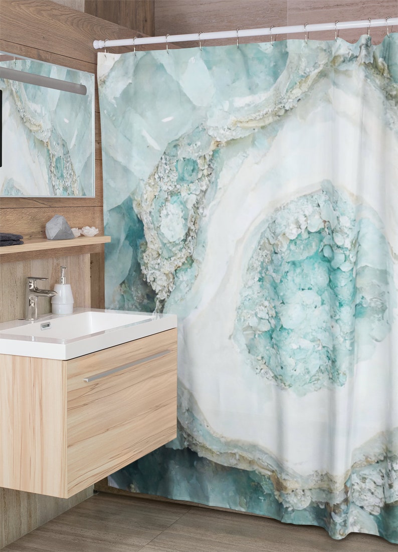 Geode Crystal Shower Curtain, Blue Green Teal Aquamarine Silver Agate ...