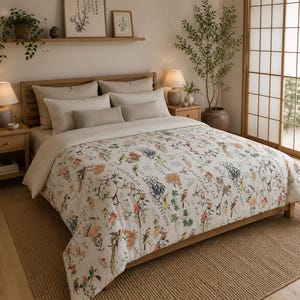 May include: A white duvet cover featuring a colorful botanical print with various birds, flowers, and branches. The bedding set includes matching rectangular and bolster pillows in a solid light beige color, arranged on a wooden bed frame.