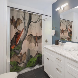 Bats and Flying Lemur Shower Curtain, Vintage Goth Art Shower Tub Bathroom Curtain, Flying Hanging Bats Animals Landscape Gothic Bath Decor