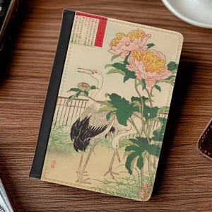 Capa para passaporte de couro vegano com arte japonesa, pintura vintage de pássaros e flores Kacho-e da Bairei Carteira para passaporte, bloqueio RFID, capa para cartão