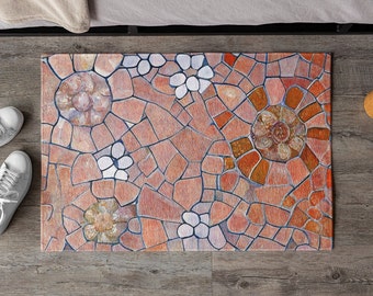 Terra Cotta Flower Mosaic Door Mat, Colorful Welcome Mat, Barcelona Antoni Gaudi Indoor Outdoor Doormat Rug Entrance Patio Entry Porch Decor