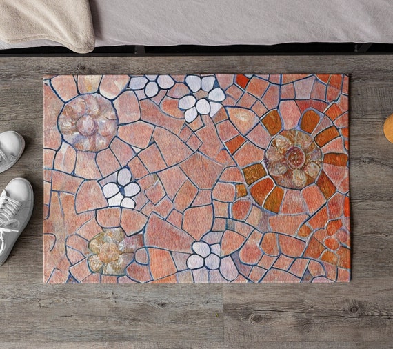 Terra Cotta Flower Mosaic Door Mat, Colorful Welcome Mat