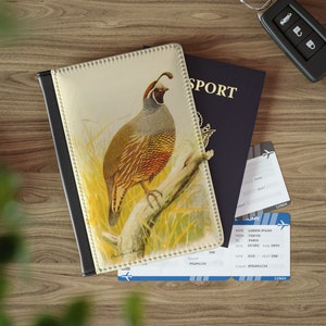 Funda de pasaporte con diseño de codorniz de California, billetera de viaje con diseño de arte vintage, tarjetero de piel sintética vegana para amantes de las aves, regalo de ornitología retro para observadores de aves