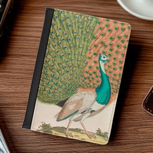 Cartera de viaje con funda para pasaporte con diseño de pavo real, diseño de pájaros vintage, tarjetero de piel sintética vegana de colores, regalo para viajeros, accesorios para amantes de los pájaros